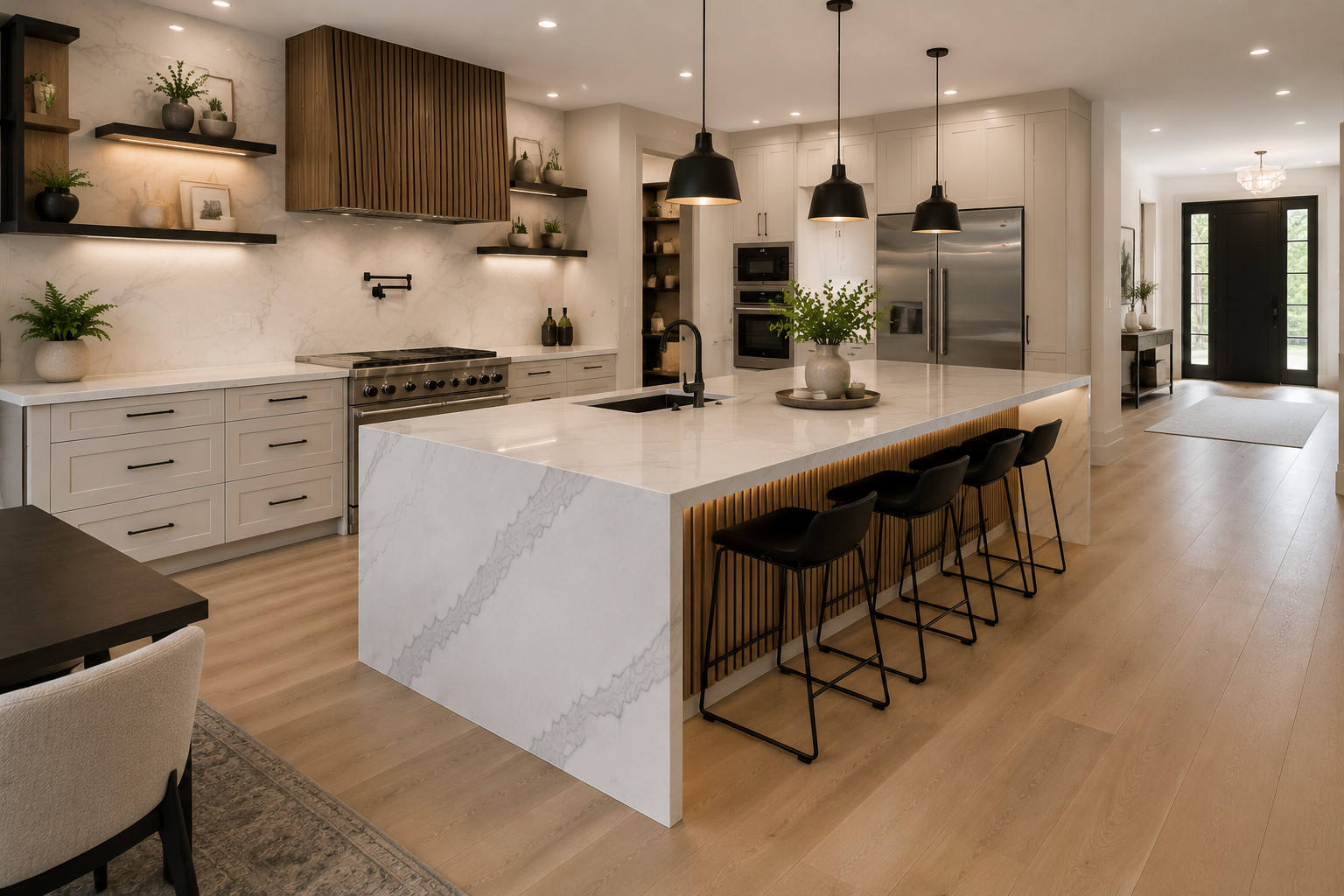 Professional countertop installation in a modern luxury kitchen