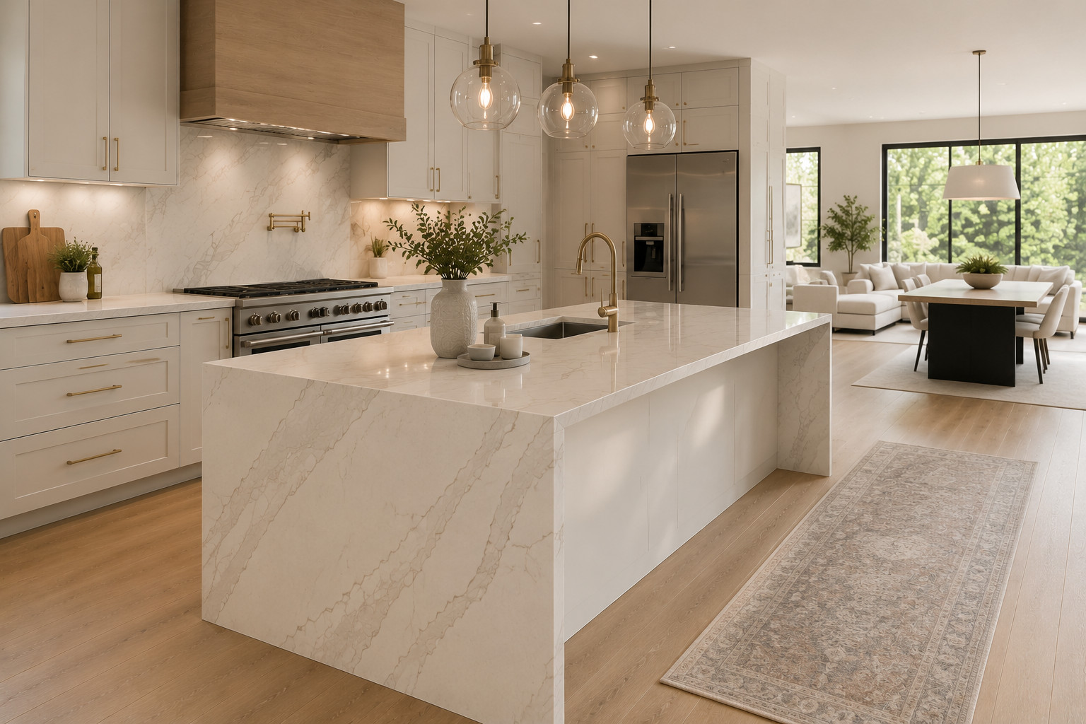 Skilled installers fitting a premium stone kitchen countertop