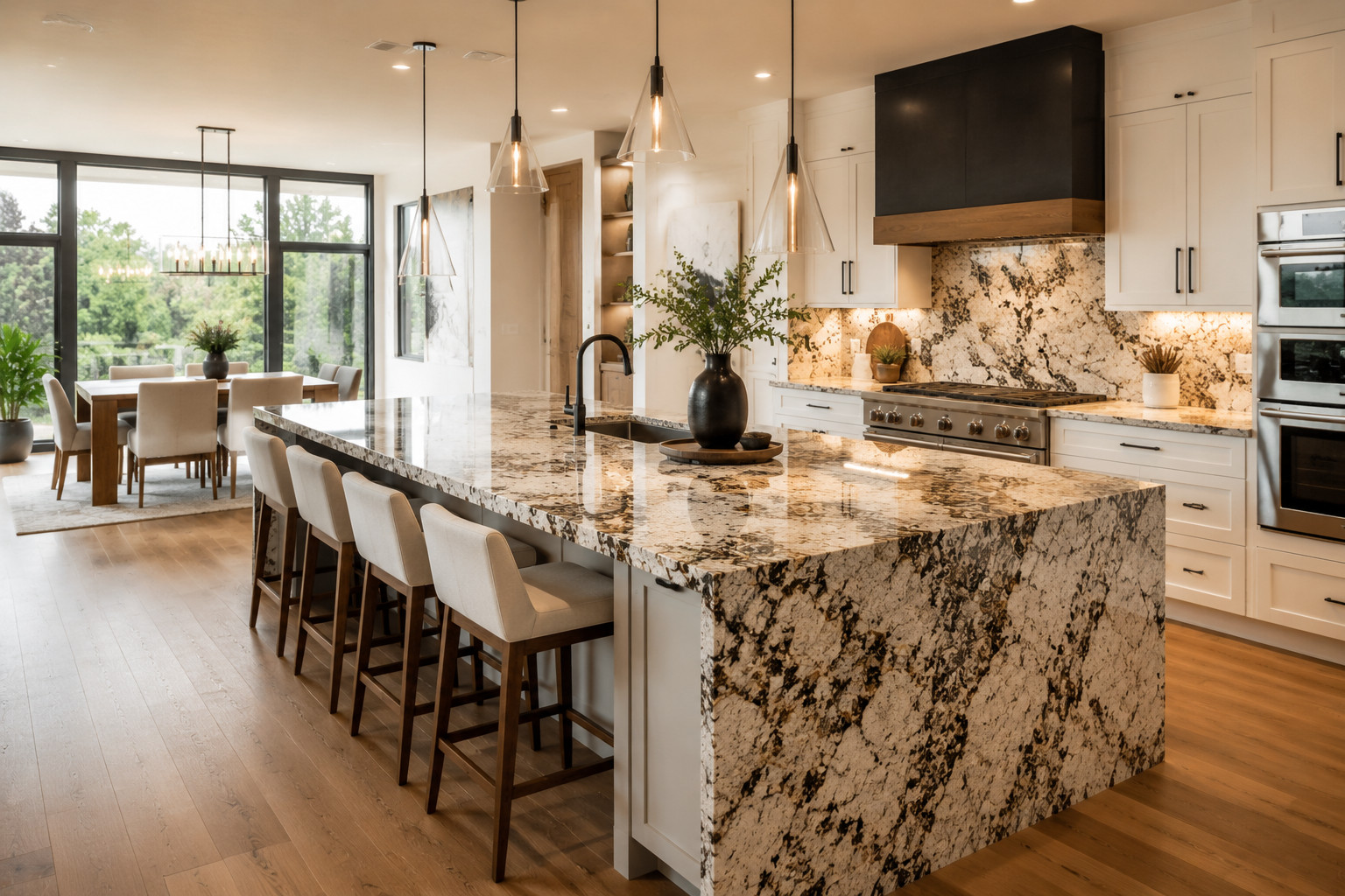 Luxury kitchen featuring custom countertops with waterfall island