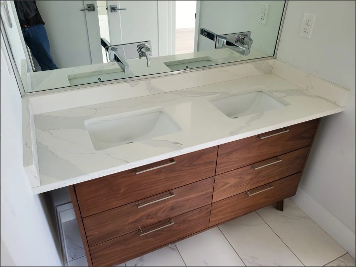Quartz countertop installed in a bathroom vanity, non-porous and moisture resistant