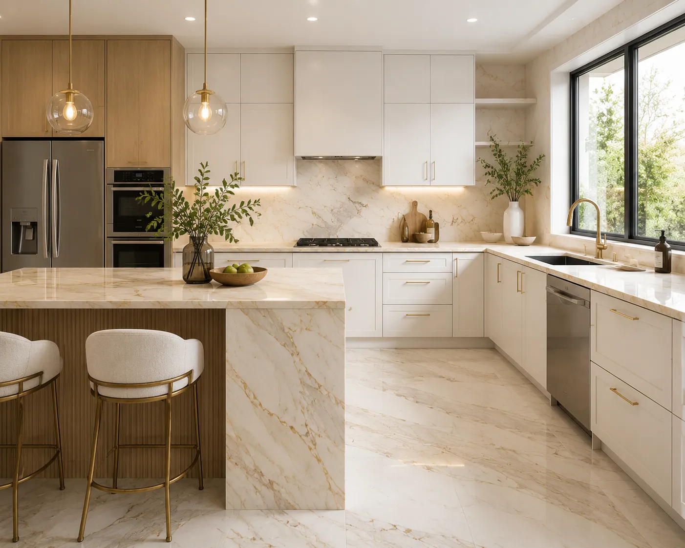Elegant Taj Mahal Quartzite countertop with creamy ivory background and subtle gold veining