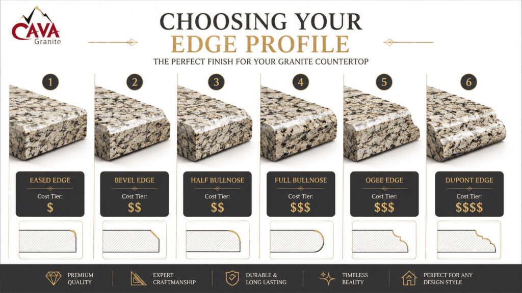 Granite countertop edge profile comparison including eased bevel half bullnose full bullnose and ogee edges
