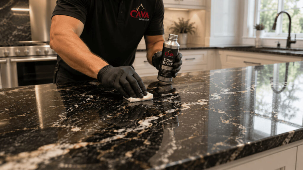 Professional applying sealer to a newly installed cosmic black granite countertop in a modern kitchen