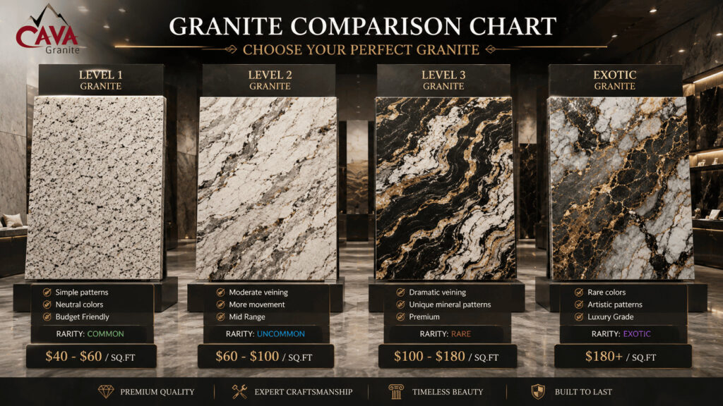 Cost of granite countertops comparison showing Level 1 Level 2 Level 3 and exotic granite slabs with colors veining and price differences