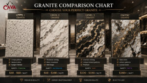 Cost of granite countertops comparison showing Level 1 Level 2 Level 3 and exotic granite slabs with colors veining and price differences