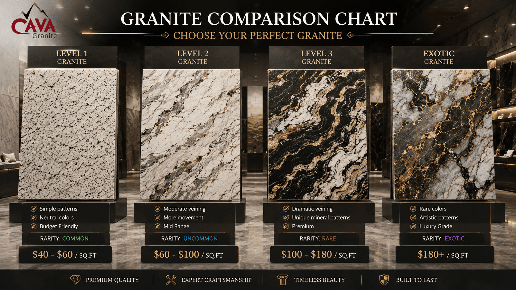 Cost of granite countertops comparison showing Level 1 Level 2 Level 3 and exotic granite slabs with colors veining and price differences