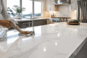 Modern white quartz kitchen countertop being cleaned with a microfiber cloth