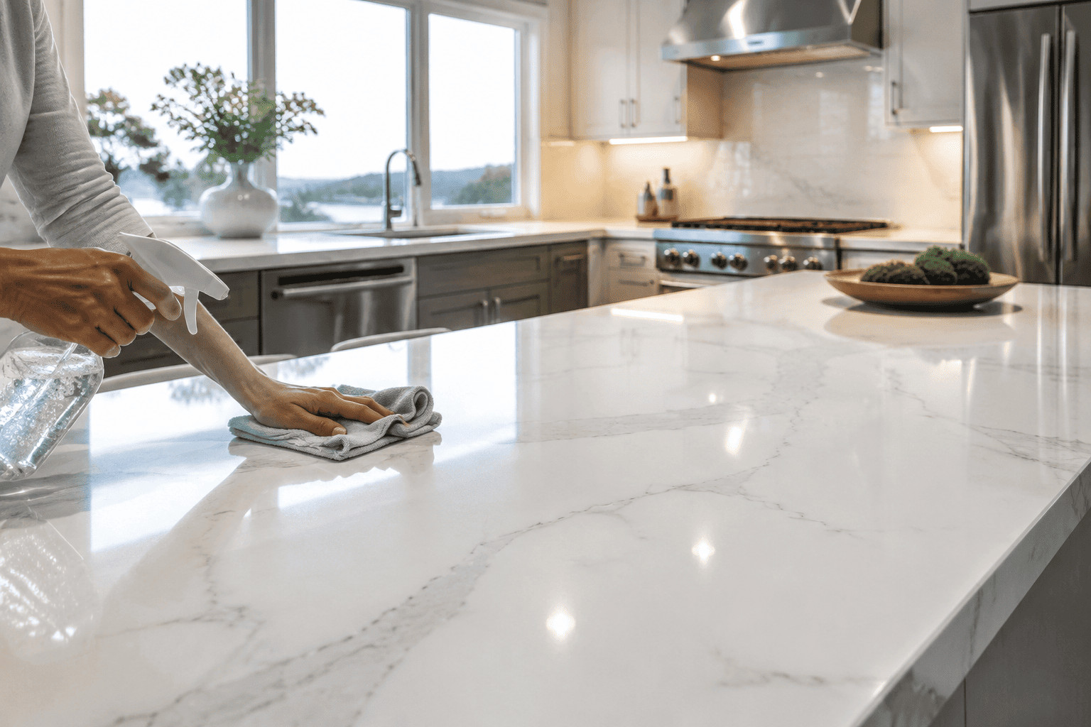 Modern white quartz kitchen countertop being cleaned with a microfiber cloth