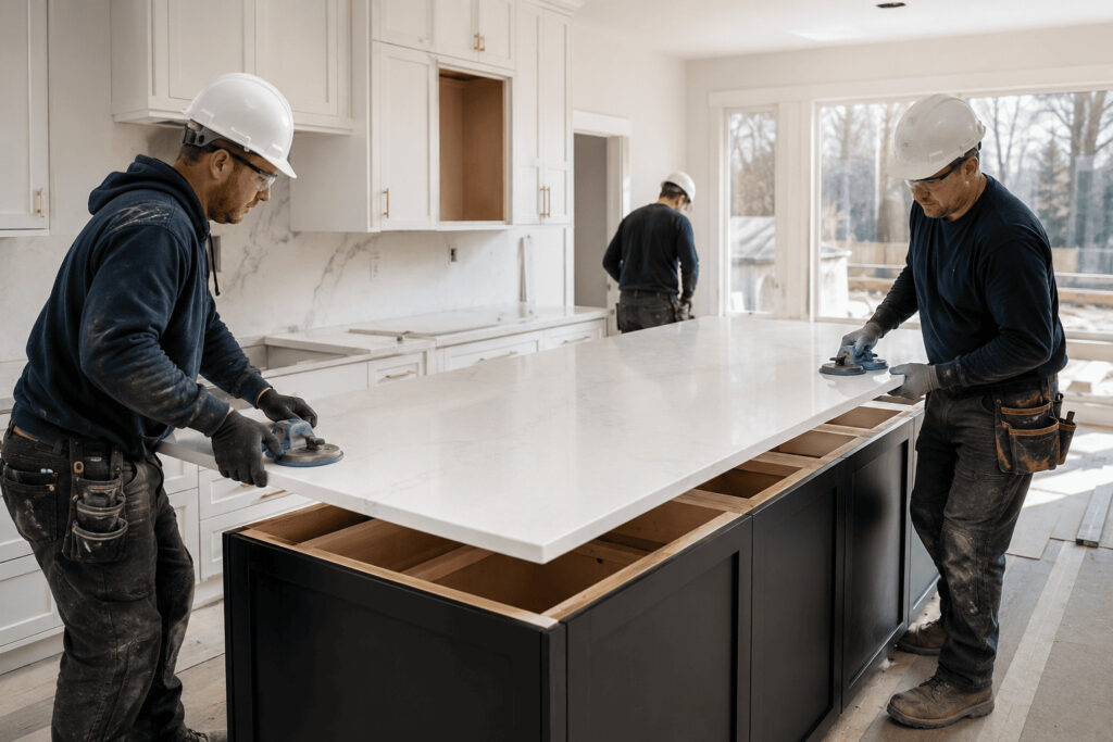 Experienced installers fitting quartz countertops Kitchener inside a newly renovated modern kitchen.
