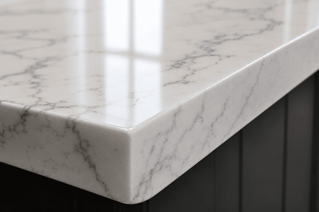 Close-up view of polished quartz countertops Kitchener featuring elegant gray marble veining and a smooth edge profile.