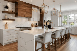 Modern kitchen featuring premium quartz countertops Kitchener with a white waterfall island, custom cabinetry, and elegant marble-look surfaces.
