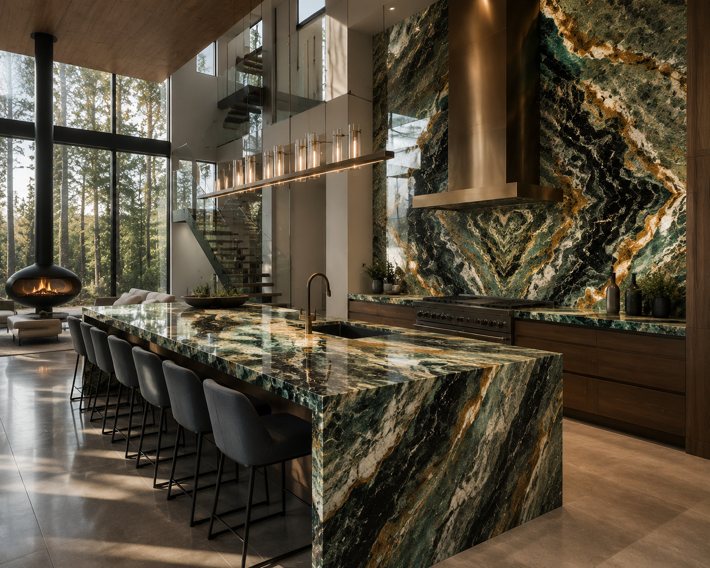 Exotic Granite slab featuring dramatic natural veining and rich colors