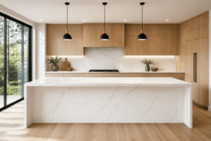 Quartz countertops price guide showing different quartz countertop styles and installation costs in a modern kitchen