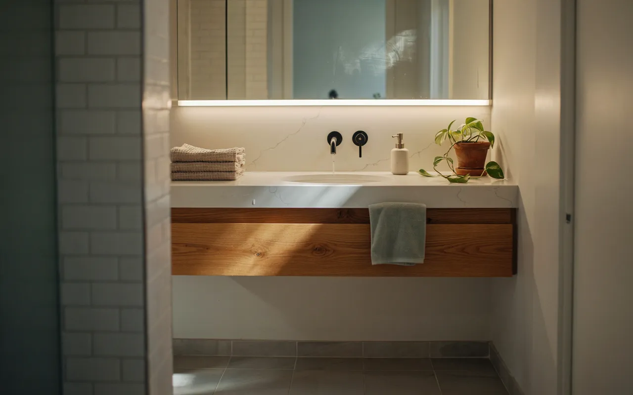 Luxury bathroom countertops Cambridge with custom quartz vanity installation
