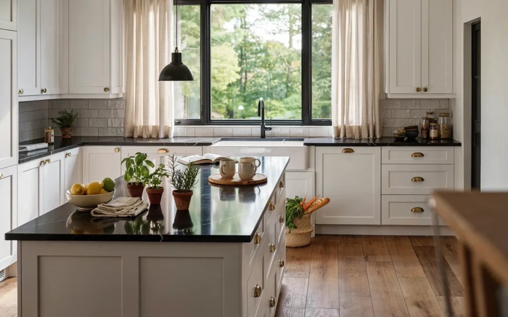 White kitchen cabinets paired with polished black quartz countertops