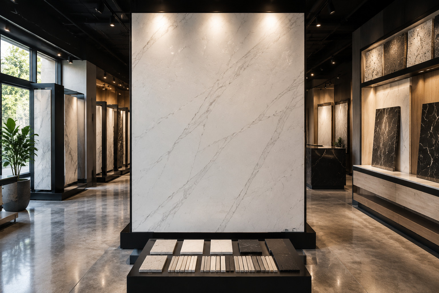 Modern kitchen featuring Mars Quartz countertops and waterfall island