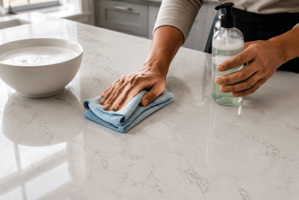 Cleaning a quartz countertop with warm water and a soft microfiber cloth