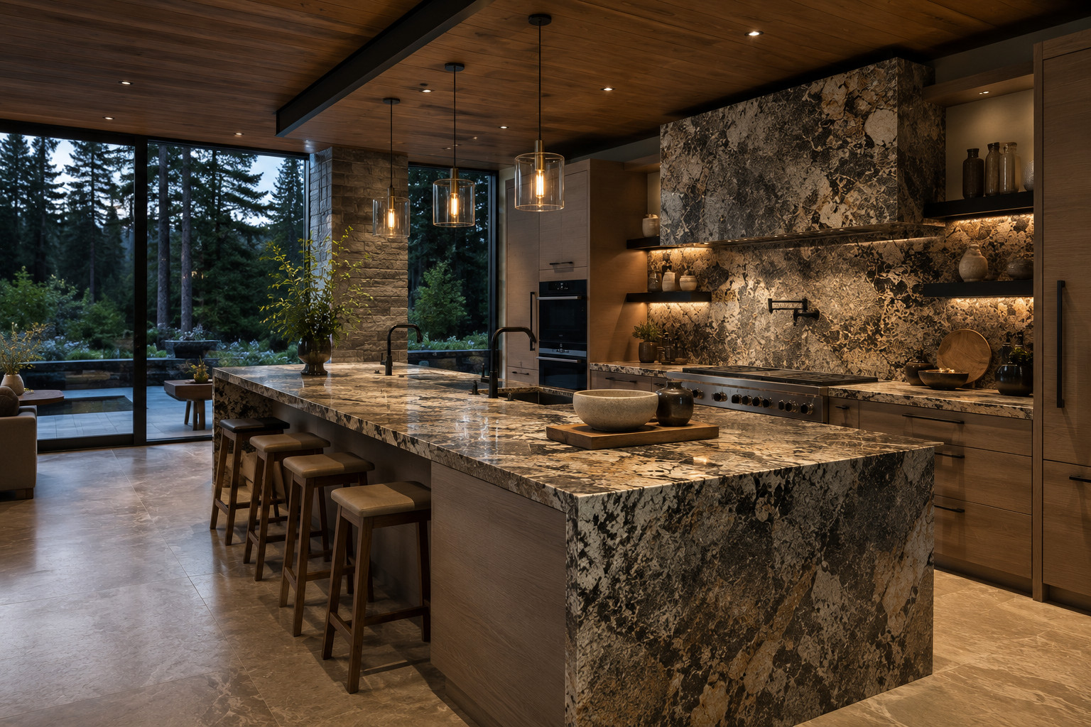Modern kitchen with Exotic Granite countertops and waterfall island