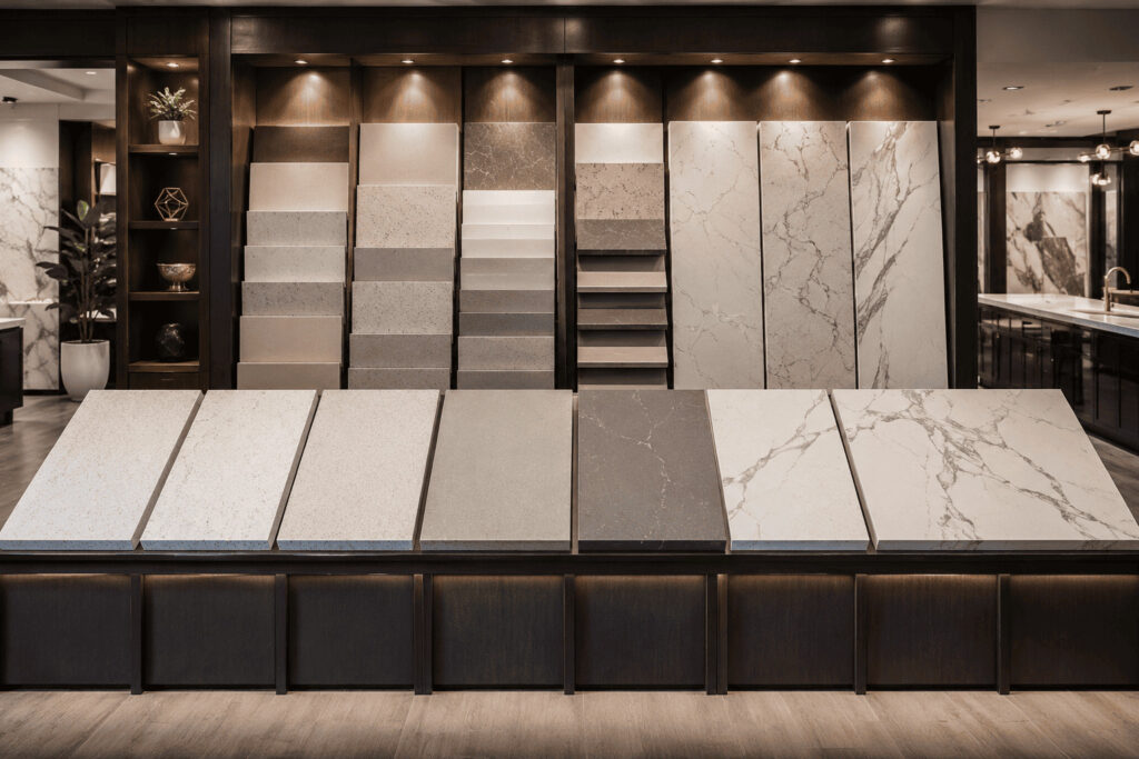Comparison of quartz countertop prices by color, thickness, and brand in a kitchen showroom
