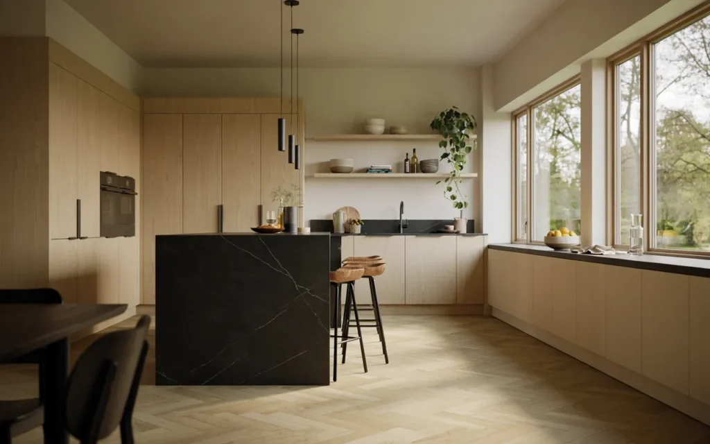 Natural oak kitchen cabinets with matte black quartz countertops