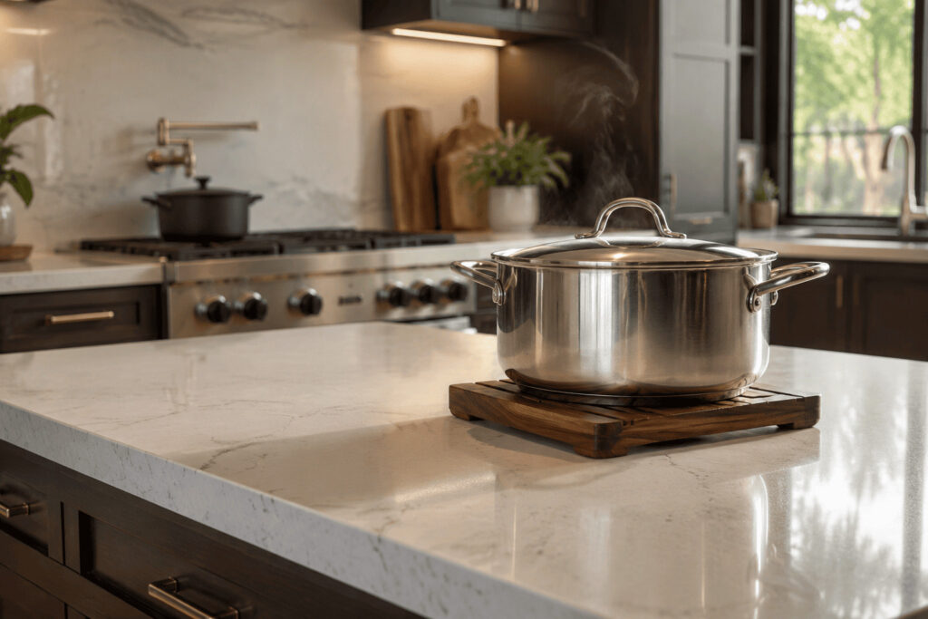 Hot cookware placed on a trivet to protect a quartz countertop