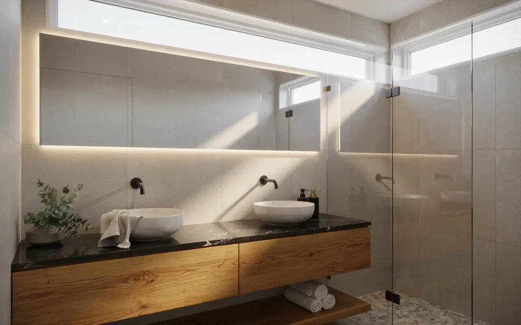 Modern bathroom vanity with black quartz countertop and double sinks