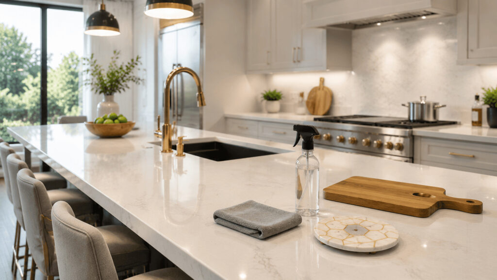 Removing a coffee stain from a white quartz countertop using a microfiber cloth