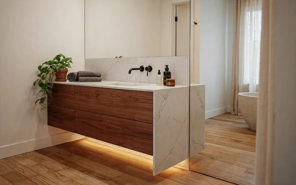 Professional installation of custom quartz bathroom countertop in Cambridge