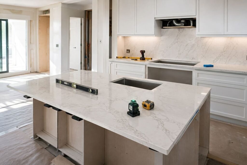 Professional kitchen countertop installation Guelph using quartz slab