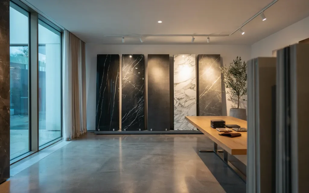 Premium black quartz countertop slabs displayed inside a modern showroom