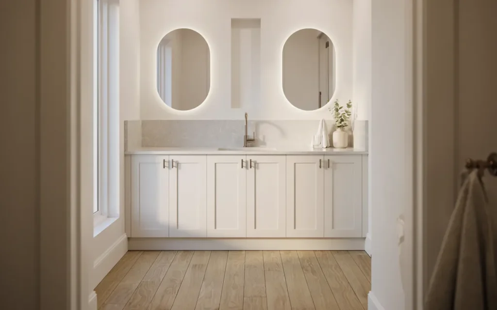 Modern floating vanity with quartz countertop bathroom design trend 2026
