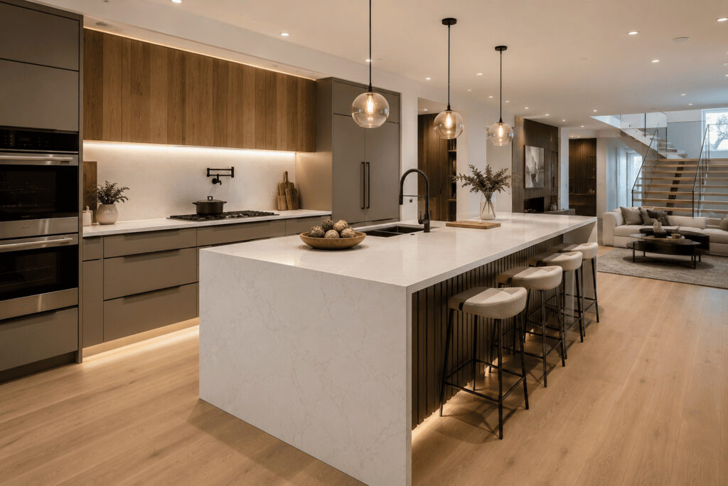 Kitchen countertops Guelph 2026 modern waterfall island trend