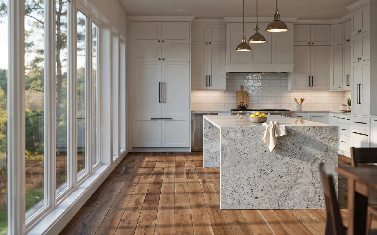 White granite countertops in a bright modern kitchen with natural daylight