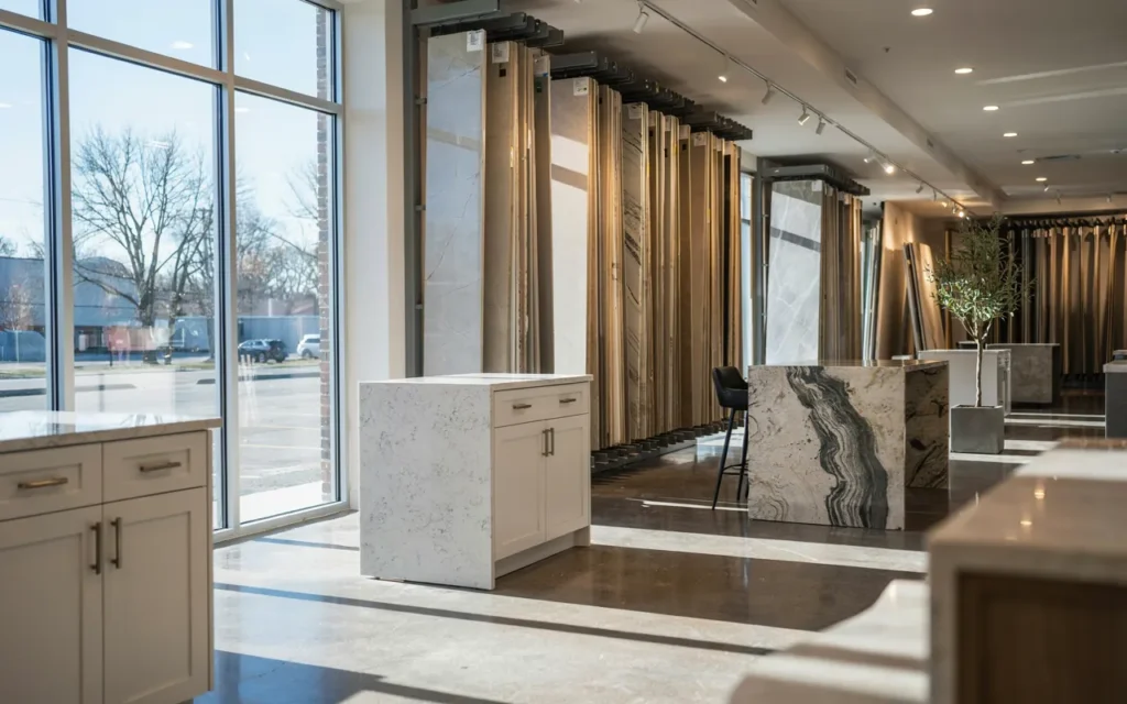Premium white granite slabs displayed inside a natural stone showroom