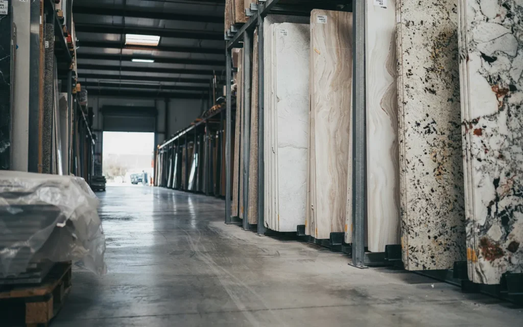 Natural stone showroom with premium white granite countertops in Kitchener Ontario