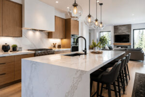Modern luxury kitchen featuring white quartz countertops and waterfall island illustrating quartz countertops cost guide.