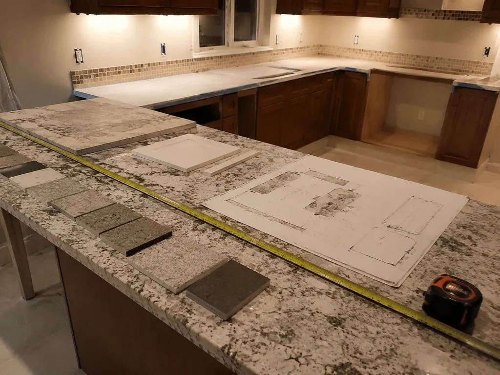 Local countertop installers preparing measurements for a custom kitchen countertop installation