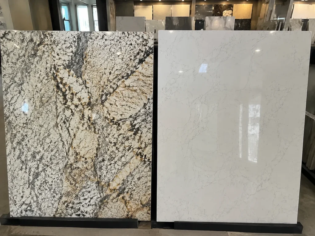 Local countertop installers helping compare granite and quartz countertop materials
