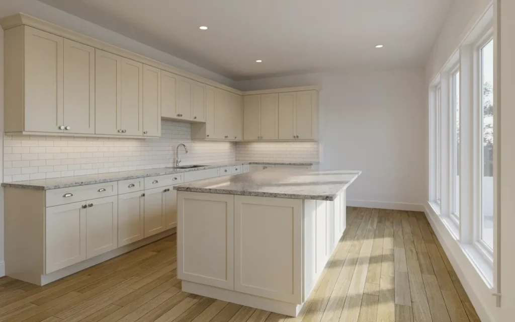 Light gray granite countertops paired with white shaker cabinets