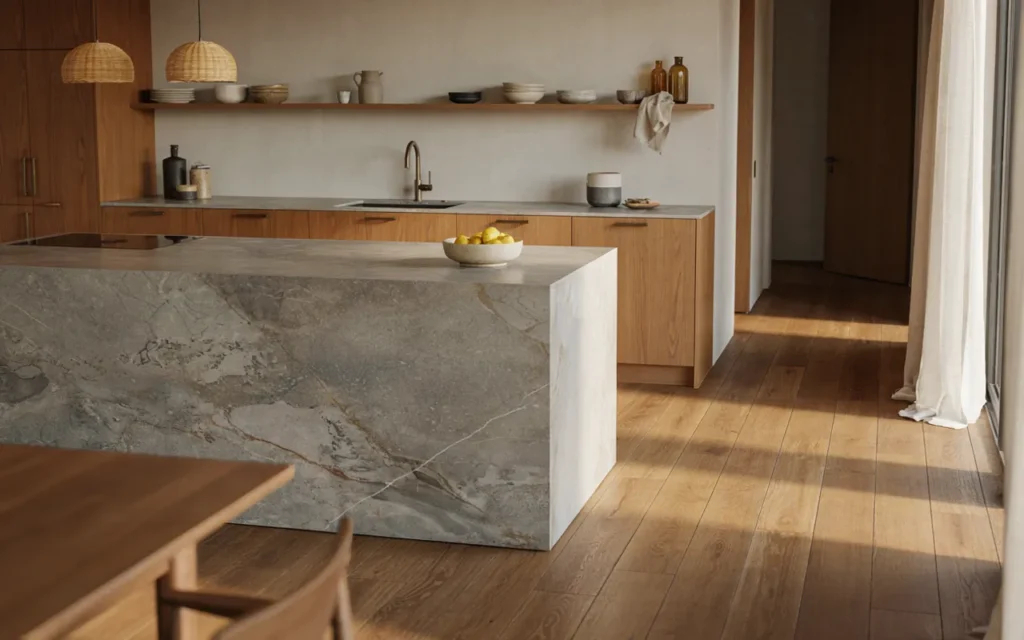 Gray granite kitchen countertops with warm natural wood cabinetry