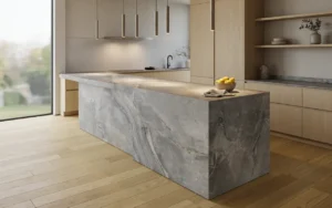 Waterfall gray granite island in a contemporary modern kitchen