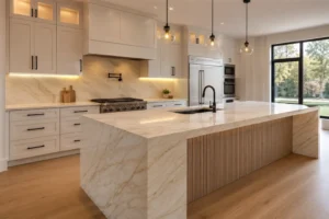 Taj Mahal countertop Kitchener installed in a modern white kitchen