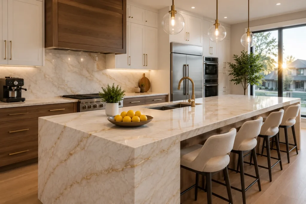 Luxury Taj Mahal quartzite countertop in a Kitchener home kitchen