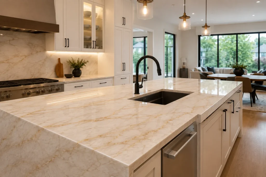 Custom Taj Mahal countertop Kitchener with waterfall island