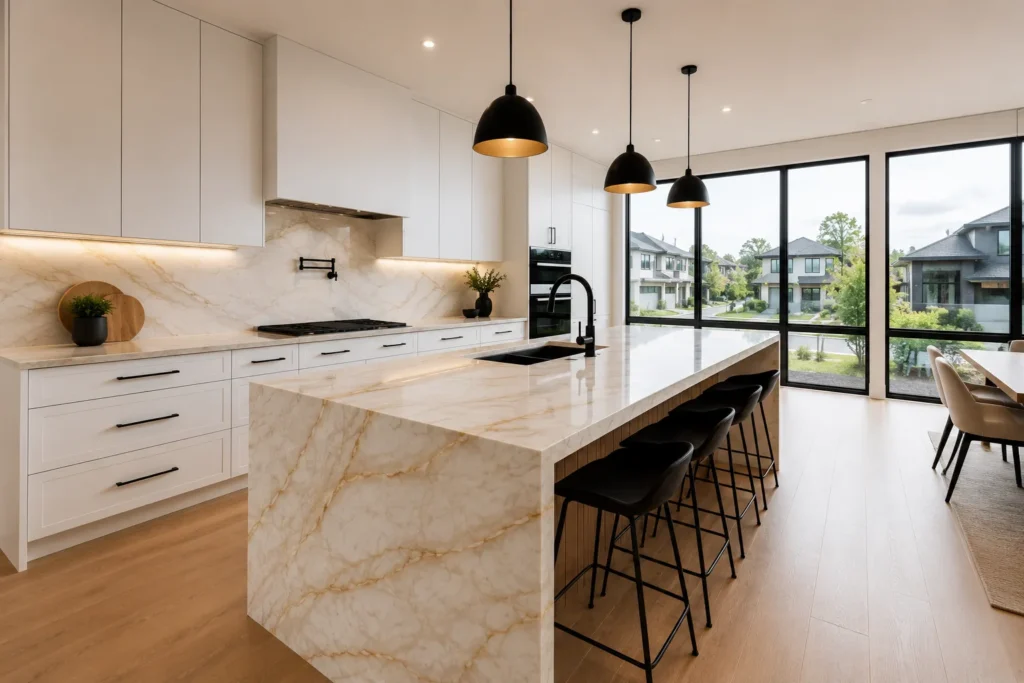 Polished Taj Mahal countertop Kitchener for luxury kitchen renovation