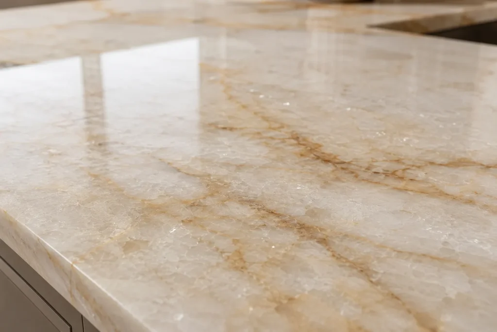 Natural Taj Mahal countertop Kitchener with matching backsplash