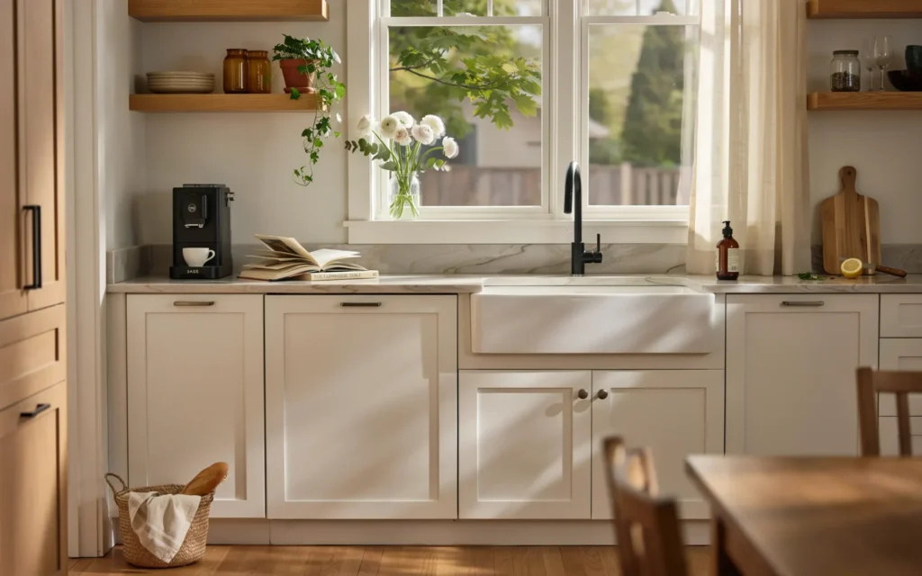 Modern Ontario kitchen with Taj Mahal Quartzite countertops and white cabinets.