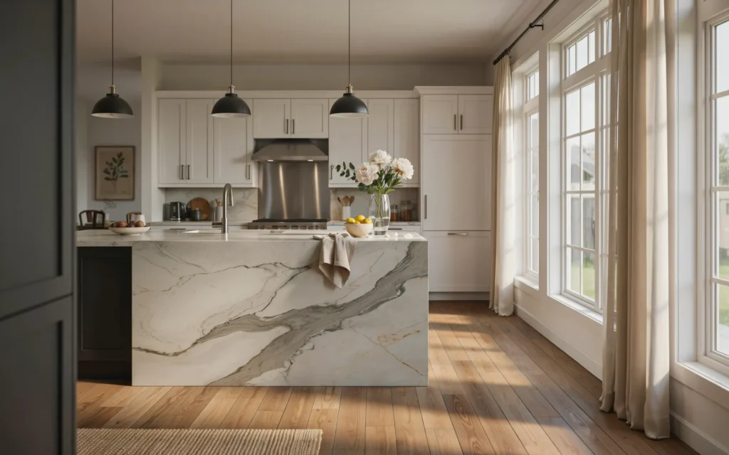 Waterfall kitchen island made with Taj Mahal Quartzite in a modern luxury home.