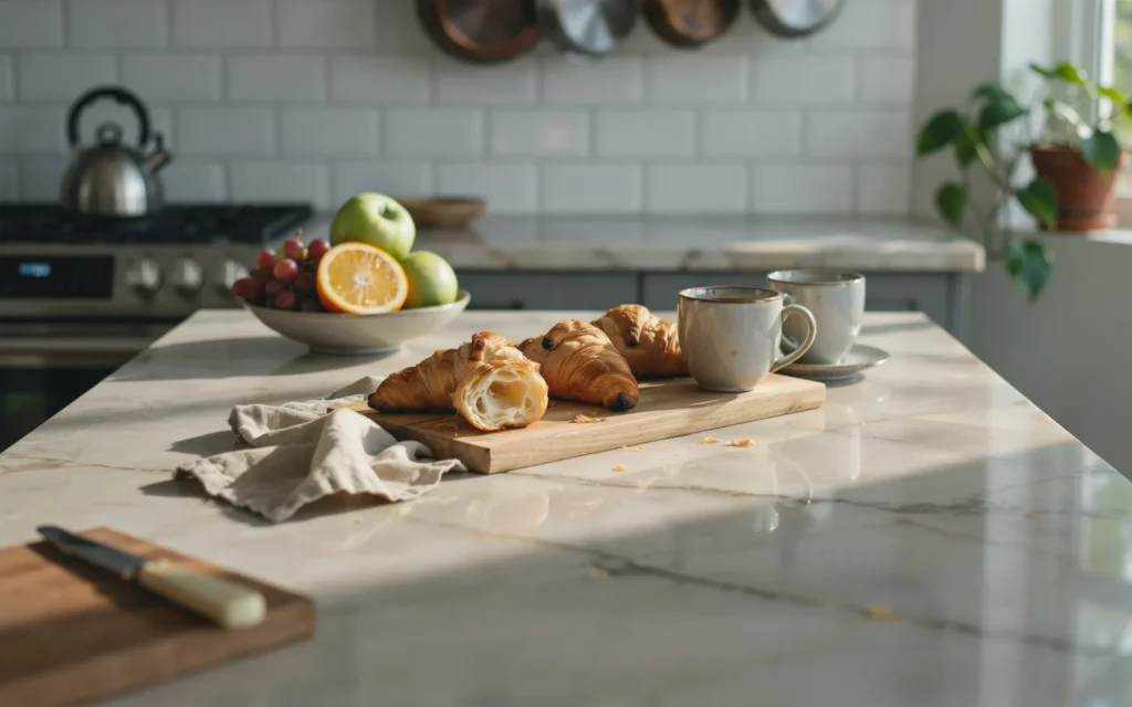 Warm family kitchen featuring Taj Mahal Quartzite countertops with breakfast setup.