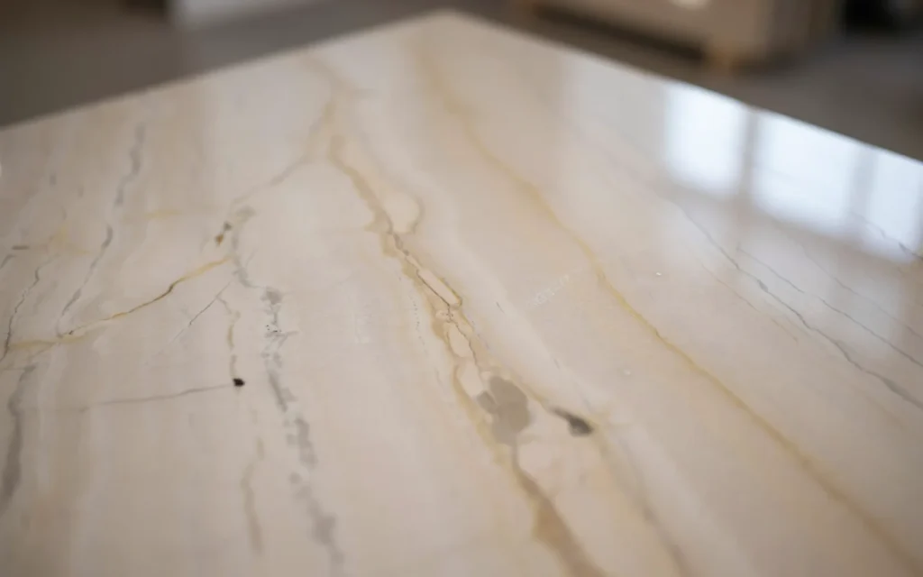 Close-up of Taj Mahal Quartzite slab showing natural cream background and gold veining.